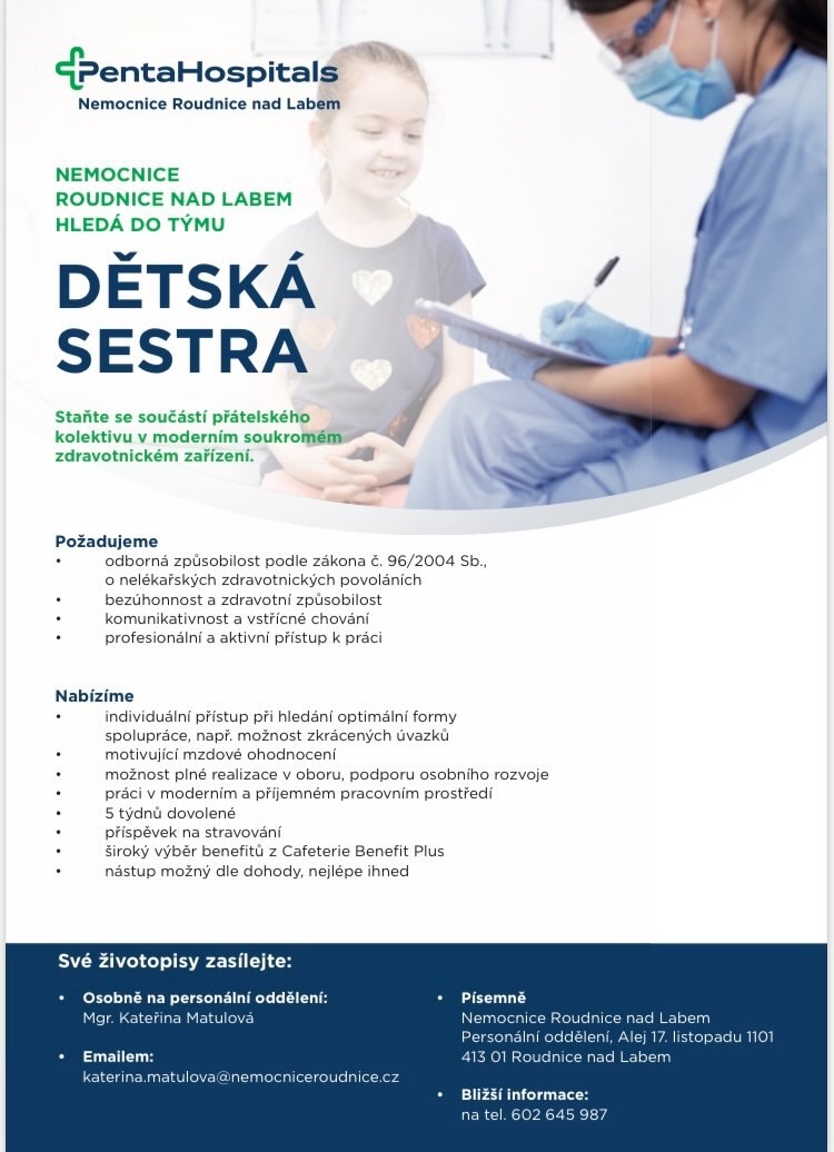 Nemocnice Roudnice nad Labem - aktuality - Hledáme zájemce o pracovní pozici Dětská sestra